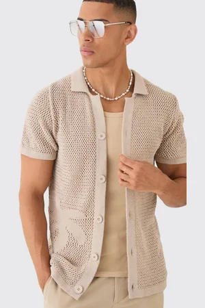 Boohoo Open Stitch Tonal Palm Intarsia Short Sleeve Knit Shirt - - M