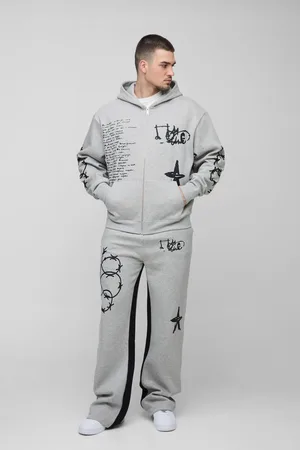 Boohoo Tall Oversized Multi Placement Graffiti Zip Through Gusset Hooded Tracksuit - - M