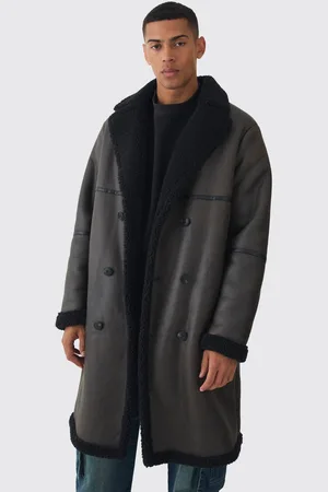 Boohoo Longline Double Breasted Borg Overcoat In Dark - S