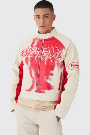 Boohoo Boxy Official Printed PU Moto Jacket In Ecru - - XS
