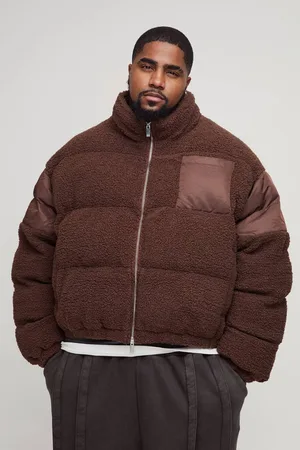 Boohoo Plus Borg & Nylon Funnel Neck Puffer Jacket In Chocolate - - XXL