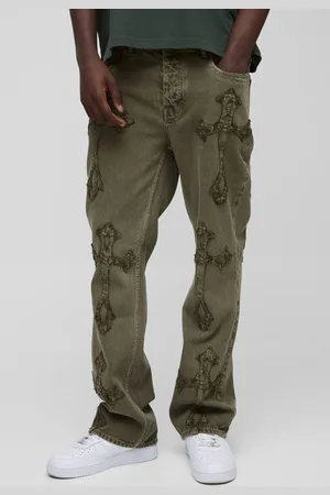 Boohoo Slim Flared Khaki Wash Cross Applique Gusset Jeans - - 32R