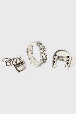 Boohoo Horse Shoe Silver Rings 3 Pack - - M/L