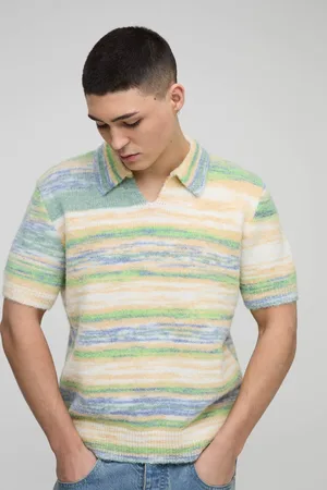 Boohoo Boxy Brushed Striped V Neck Short Sleeve Knitted Polo - - M