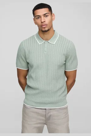 Boohoo Boxy Open Stitch Contrast Trim Short Sleeve Knitted Polo - - M