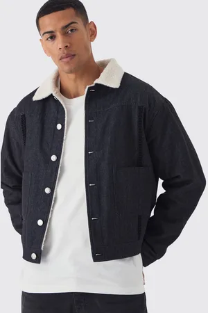 Boohoo Relaxed Cropped Borg Lined Aviator Denim Jacket - - L