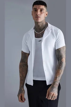 Boohoo Short Sleeve Revere Stretch Fit Pleated Shirt - - M