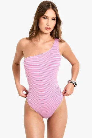 Boohoo Womens Seersucker Stripe One Shoulder Swimsuit - - 16