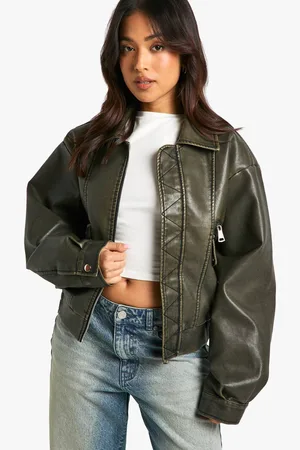 Boohoo Womens Petite Vintage Look Faux Leather Bomber Jacket - - 16