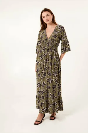Blue Vanilla Womens Khaki Tropical Print Elasticated Neck Shirred Waist Maxi Dress - - L/XL