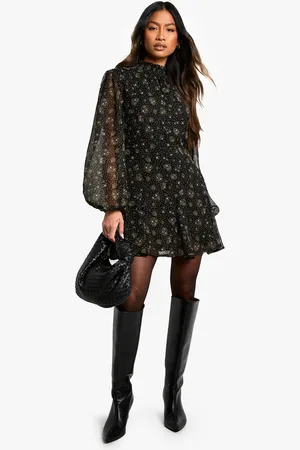 Boohoo Womens Ditsy Floral Chiffon High Neck Skater Dress - - 14