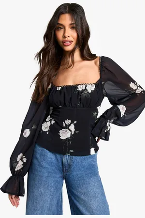 Boohoo Womens Blurred Floral Print Ruched Corset Bust Woven Blouse - - 6