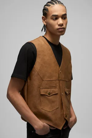 Boohoo Regular Fit Washed Tumbled PU Western Gilet Jacket - - M