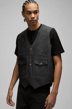 Boohoo Regular Fit Washed Tumbled PU Western Gilet Jacket - - M