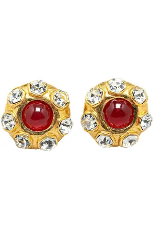 CHANEL Preloved Red Crystal Flower Earrings Clipon Women - Gold - - One Size