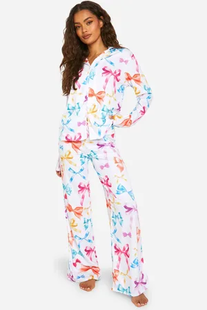 Boohoo Womens Bow Print Long Sleeve Shirt & Trousers Pyjama Set - - 14