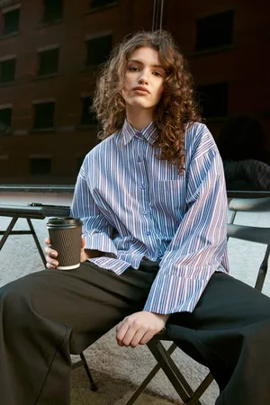 NASTY GAL Womens Cotton Stripe Extreme Oversized Wide Cuff Shirt - - 6