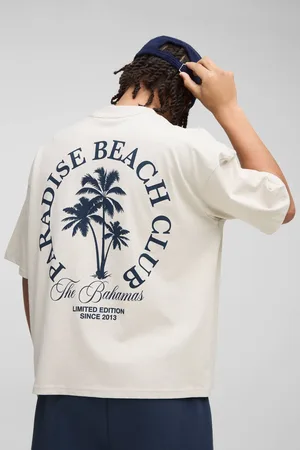 Boohoo Oversized Boxy Extended Neck Paradise Beach Club Palm Tree T-Shirt - - M