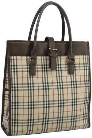 Burberry Preloved Check Plaid Tote Brown Leather Trim Women - Tote Bags - One Size