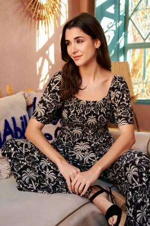 Blue Vanilla Womens Palm Tree Print Square Neck Shirred Jumpsuit - S/M