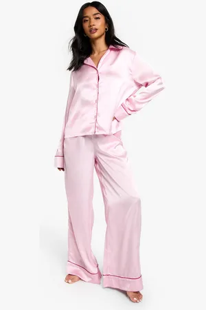 Boohoo Womens Petite Satin Piping Detail Long Sleeve Shirt & Trousers Pyjama Set - - 10