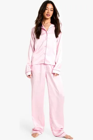 Boohoo Womens Tall Piping Detail Satin Long Sleeve Shirt & Trousers Pyjama Set - - 12