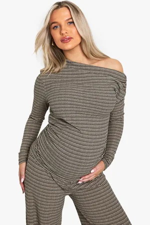 Boohoo Womens Maternity Rib Stripe Ruched Asymmetric Top - - 14