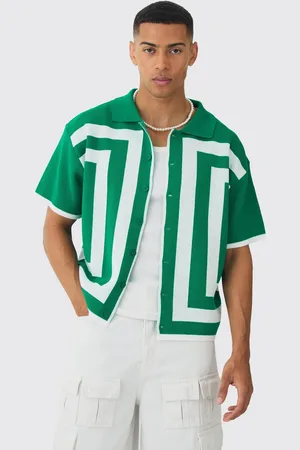 Boohoo Oversized Boxy Border Knit Revere Shirt - - M