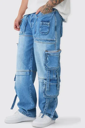 Boohoo Tall Baggy Rigid Multi Pocket Strap Detail Cargo Jeans - - 32