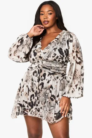 Boohoo Womens plus animal print mesh ruffle skater dress - - 20