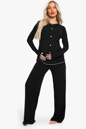 Boohoo Womens Maternity Contrast Detail Rib Button Down Top & Trouser PJ Set - - 8