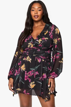 Boohoo Womens plus floral print mesh ruffle skater dress - - 22