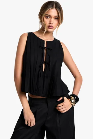 Boohoo Womens Linen Look Pleated Tie Front Smock Top - - 12