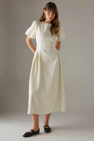 warehouse Womens Seersucker Organza Godet Side Puff Sleeve Midi Dress - - 14
