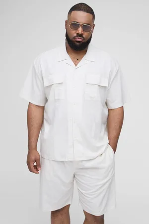 Boohoo Plus Oversized Short Sleeve Linen Cargo Shirt & Short Set - - XXXL