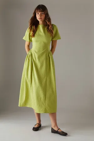 warehouse Womens Seersucker Organza Godet Side Puff Sleeve Midi Dress - - 6