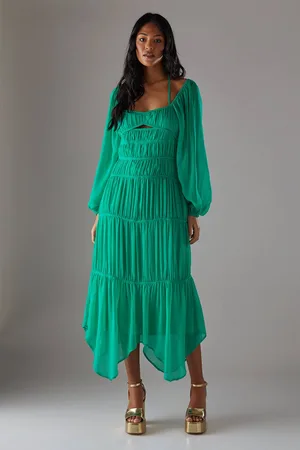 warehouse Womens Chiffon Gathered Seam Halter Tie Hanky Hem Midi Dress - - 10
