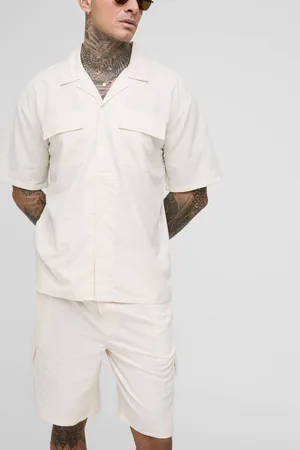 Boohoo Tall Oversized Short Sleeve Linen Cargo Shirt & Short Set - - M