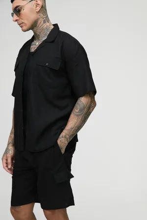Boohoo Tall Oversized Short Sleeve Linen Cargo Shirt & Short Set - - S