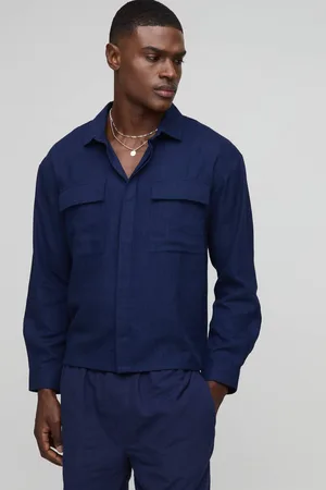 Boohoo Heavyweight Linen Blend Regular Concealed Placket Cargo Overshirt - - M