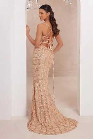 Quiz Womens Rose Gold Sequin Fishtail Maxi Dress - - 12