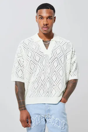 Boohoo Short Sleeve Boxy Fit Revere Open Knit Polo - - M