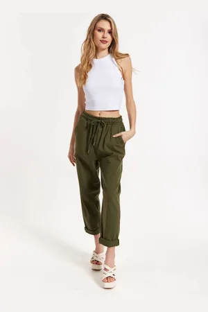 Liquorish Womens Khaki Jogger trousers with Drawstring Waist - - One Size