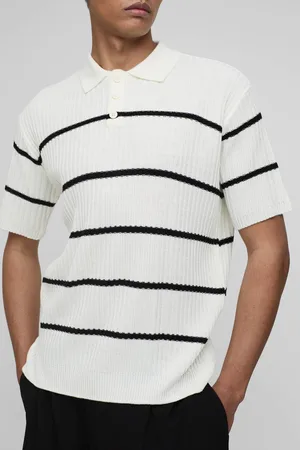 Boohoo Regular Fit Short Sleeve Striped Ribbed Knit Polo - - L
