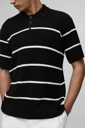 Boohoo Regular Fit Short Sleeve Striped Ribbed Knit Polo - - XL