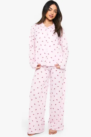 Boohoo Womens Cherry Print Long Sleeve Shirt & Trousers Pyjama Set - - 14