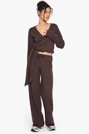 Boohoo Womens Rib Wrap Over Tie Detail Top & Trouser Set - - 14