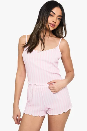 Boohoo Womens Stripe Rib Lettuce Hem Cami Top & Shorts Pyjama Set - - 16