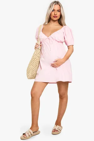 Boohoo Womens MATERNITY COTTON TIE FRONT PUFF SLEEVE SKATER DRESS - - 8