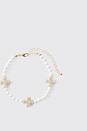Boohoo Pearl Bracelet With Iced Cross Charms - - One Size
